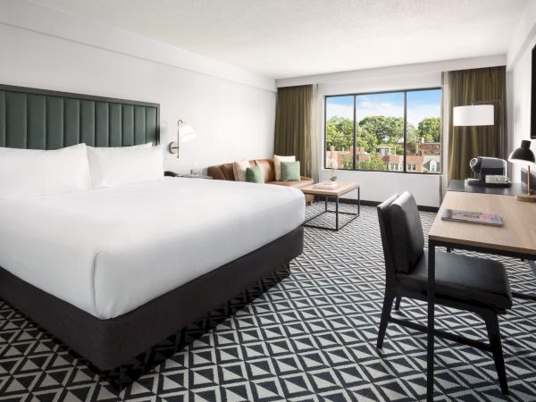 A modern hotel room with a large bed, geometric carpet, desk and chair, a seating area, and a view through a window of trees and buildings.