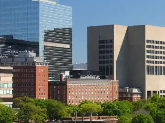 A cityscape with modern glass towers and a mix of brick and concrete buildings, set against green trees and a clear blue sky.