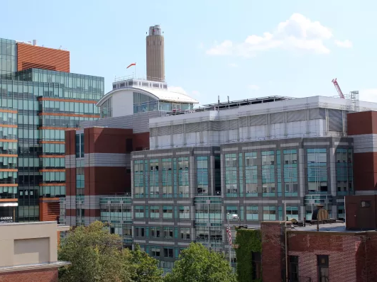 A city campus with modern office buildings and a tall tower in the background under a blue sky.