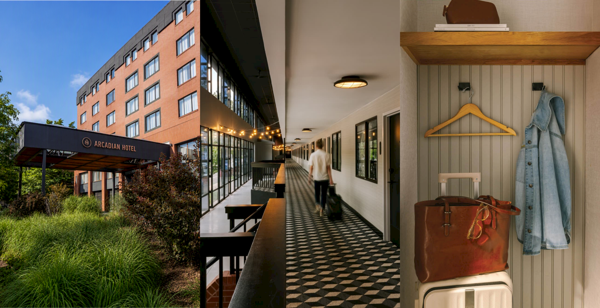 Arcadian Hotel exterior and hallway with lights, plus a coat rack holding a denim jacket and bags in a room.