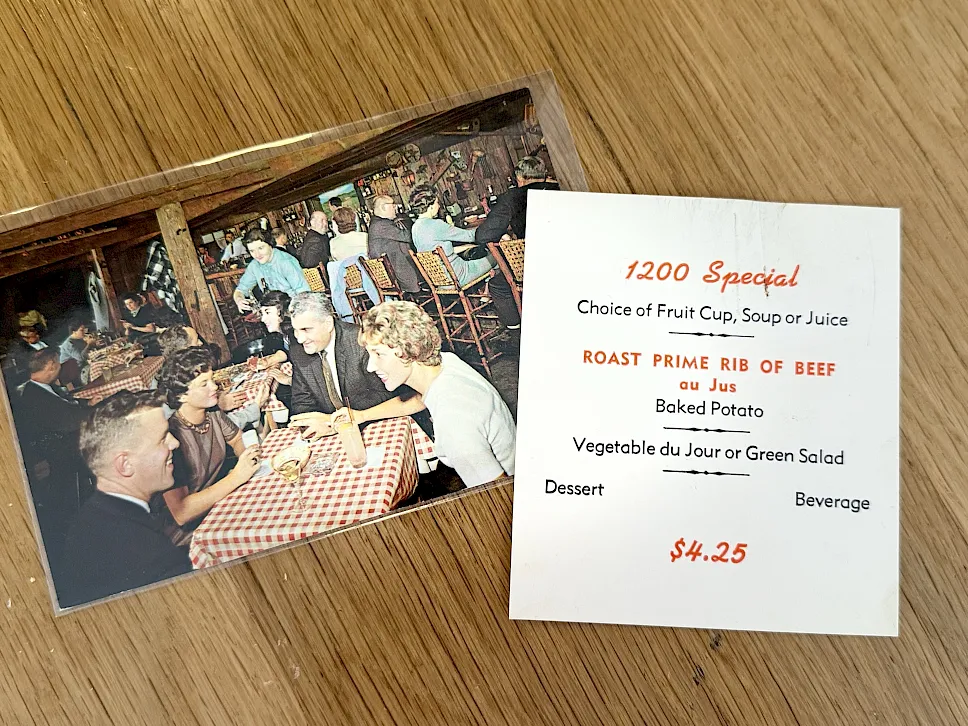 Vintage “1200 Special” menu: roast prime rib au jus, baked potato, salad, dessert, beverage; choice of fruit cup/soup/juice.