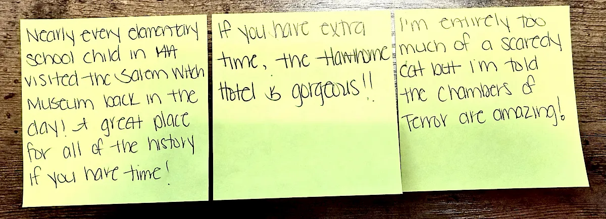 Three yellow sticky notes on a wooden surface with handwritten thoughts about school, time, and being excited.