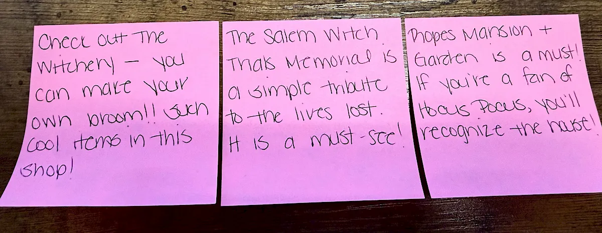 Three pink sticky notes with handwritten lines about a “Salem Witch,” making your own “broom,” and “Hocus Pocus,” encouraging you to watch.