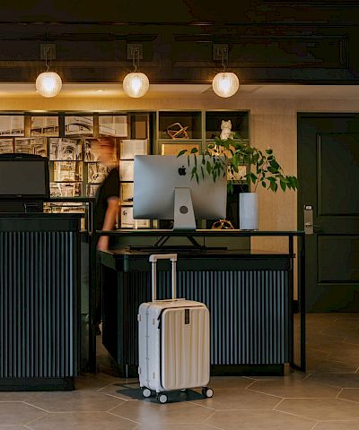 A hotel-style front desk with two computer monitors, warm pendant lights, wall artwork, and a potted plant nearby.