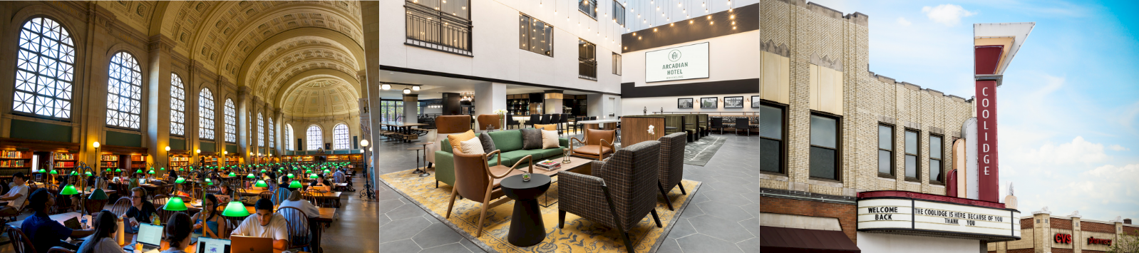 A collage showing a grand hall full of diners, a cozy hotel lobby lounge, and the exterior of a building with a “Coloidge” sign.